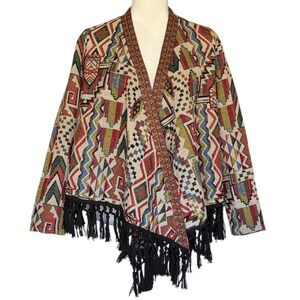 Ryu Southwestern Tapestry Fringe Jacket Womens S Boho Festival Open Front